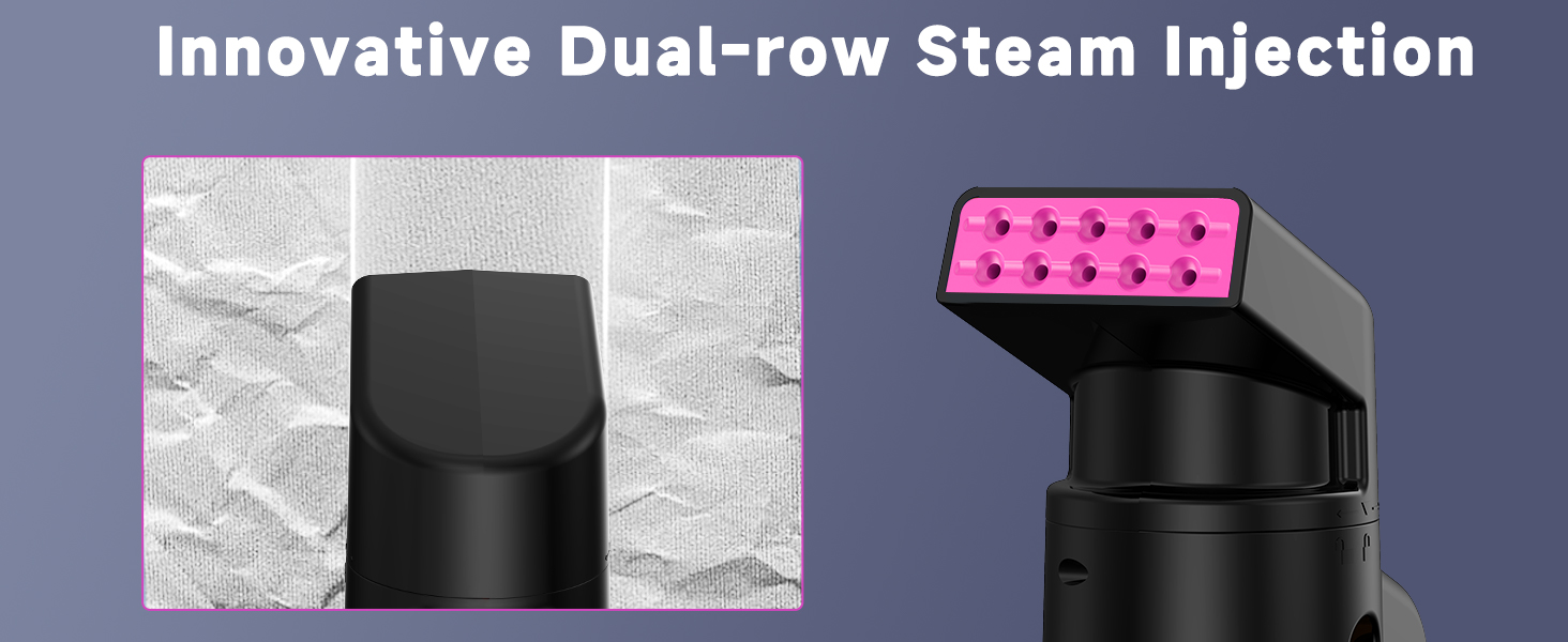 The steamer produces 25g/min steam, features an innovative dual-row nozzle for fast wrinkle removal.