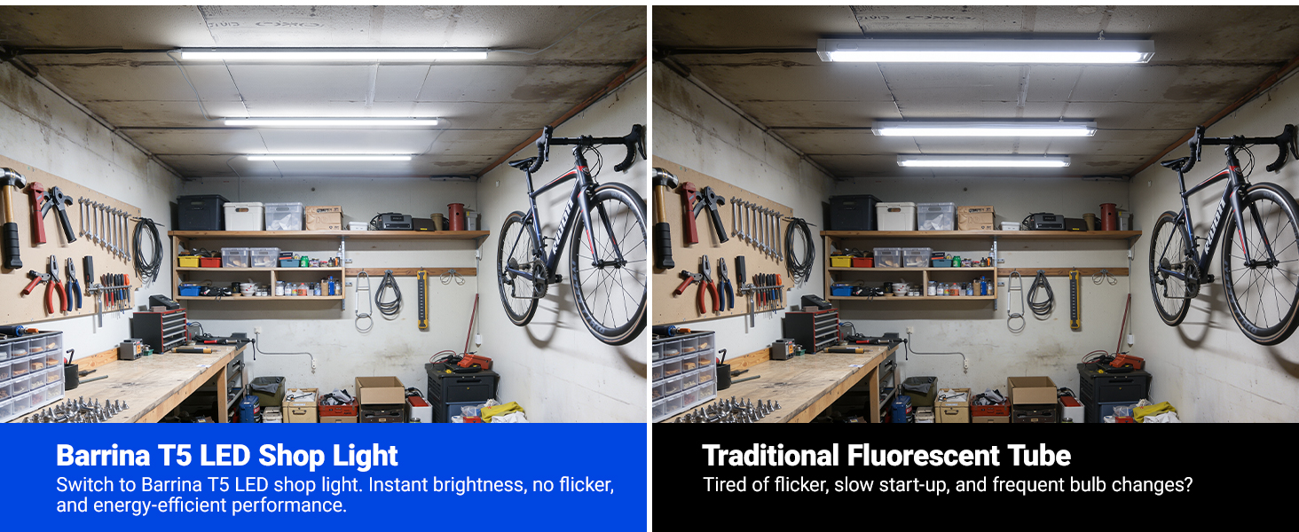 Text reads 'Beehive T5 LED Shop Light' and 'Traditional Fluorescent Tube'. Split-screen comparison showing LED lighting fixture mounted on garage ceiling versus traditional tube fixture, demonstrating brightness difference.