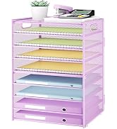 SUBEKYU 9 Tier Paper Letter Tray Desk Organizer with Handles - Purple Metal Mesh File Holder Pape...
