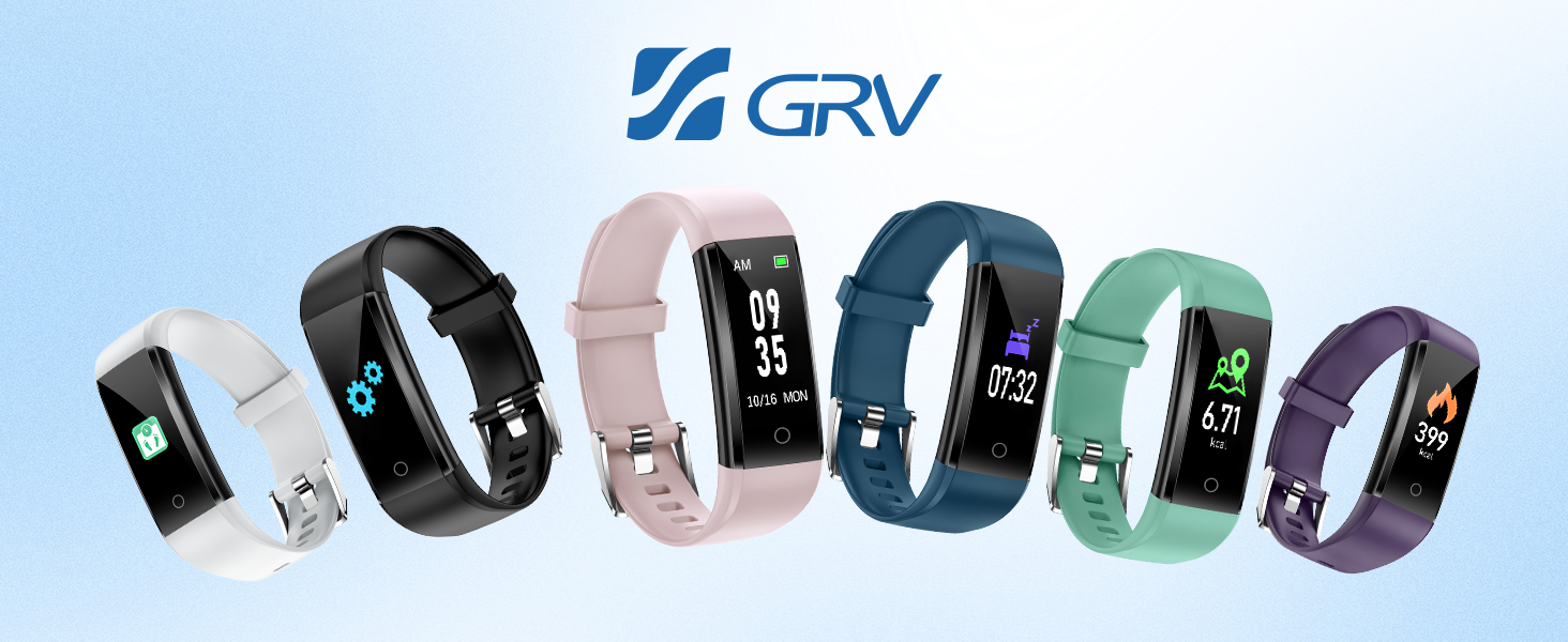 Display of six fitness trackers with digital screens in different colors including black, pink, teal, mint green, and purple, with GRV branding.