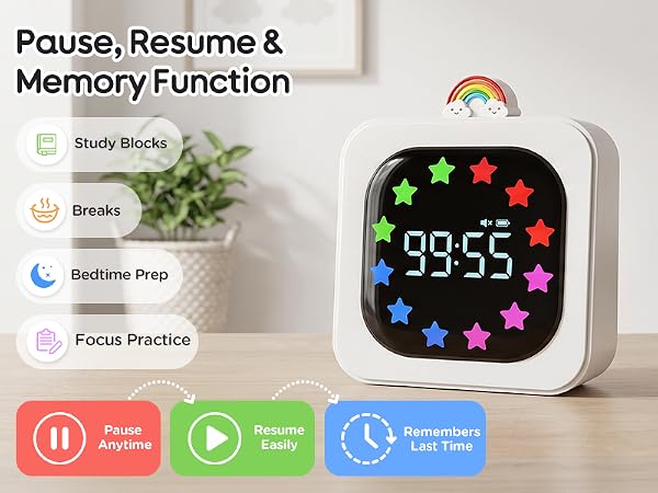 Digital Visual Timer for Kids Star Rainbow LED Display Green White Blue Rechargeable 99 Minute