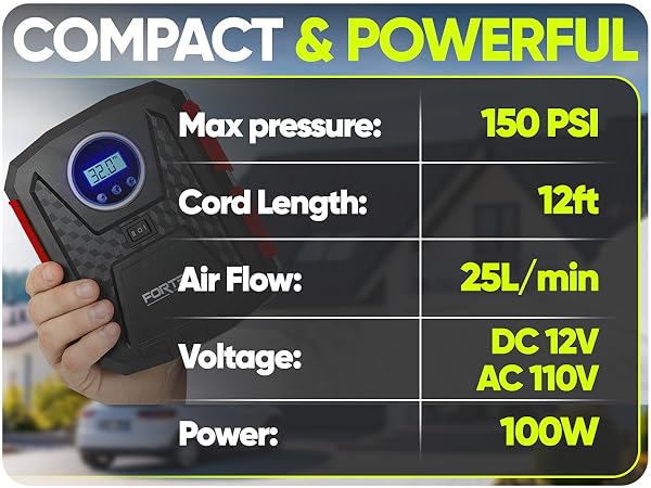Compact yet powerful inflator with 150 PSI, 12ft cord, and fast 25L/min airflow for any setup.