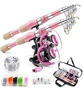 2PCS Pink Telescopic Fishing Rod Reel Combo, Portable Collapsible Spinning Pole with Smooth Reel,...