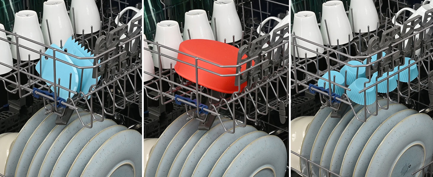 cake pan, silicone cupcake liners and cake smoother scrapers are all dishwasher safe