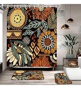 16 Pcs Shower Curtain Set with Rugs Boho and Metal Hooks Bath Mat 120gsm Heavy Weight Fabric Show...
