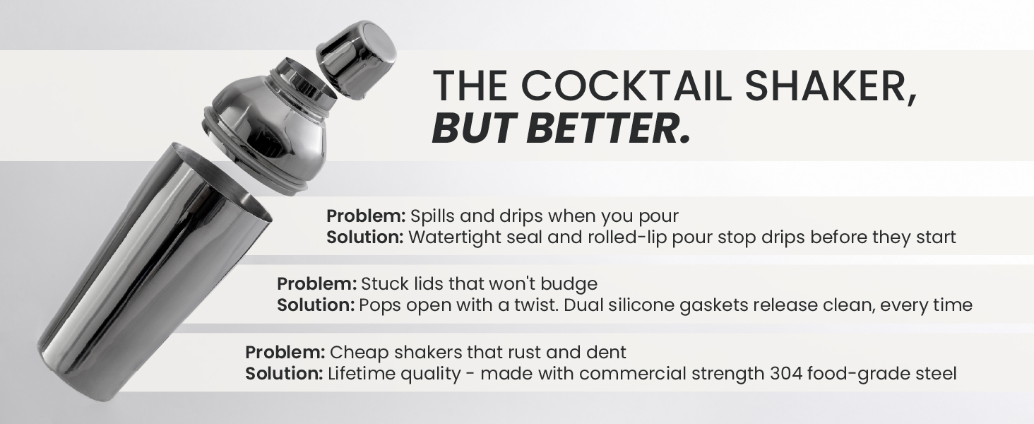 The cocktail shaker but better watertight seal and rolled lip pour stop drips before they start