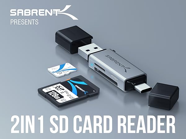 Text reads 'SABRENT PRESENTS 2IN1 SD CARD READER'. Multiple views of a black and silver card reader device shown against grey background, demonstrating different usage angles.