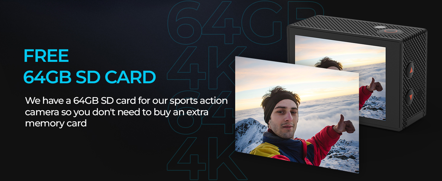Digital camera or action camera advertisement highlighting free 64GB SD card offer. Shows person wearing winter gear in snowy outdoor setting.