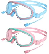 Haakong 2Pcs Pink and Blue Swimming Goggles No Fog Swimming Goggles With 2 Earplugs for Boys Girl...