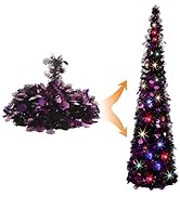CCINEE 5FT Tinsel Pop-Up Artificial Halloween Tree,Black Collapsible Tree with Purple Spiders and...