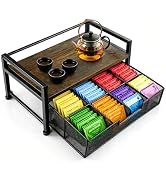 QTRQTR Tea Bag Organizer And Storage with Drawer Teabag Holder Tea Box | Wood and Metal Tea Organ...