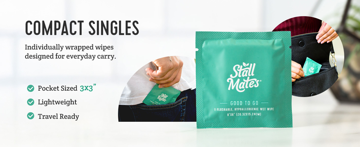 Stall Mates wipes. Compact singles individually wrapped for travel. Pocket-sized 3 inch packets.