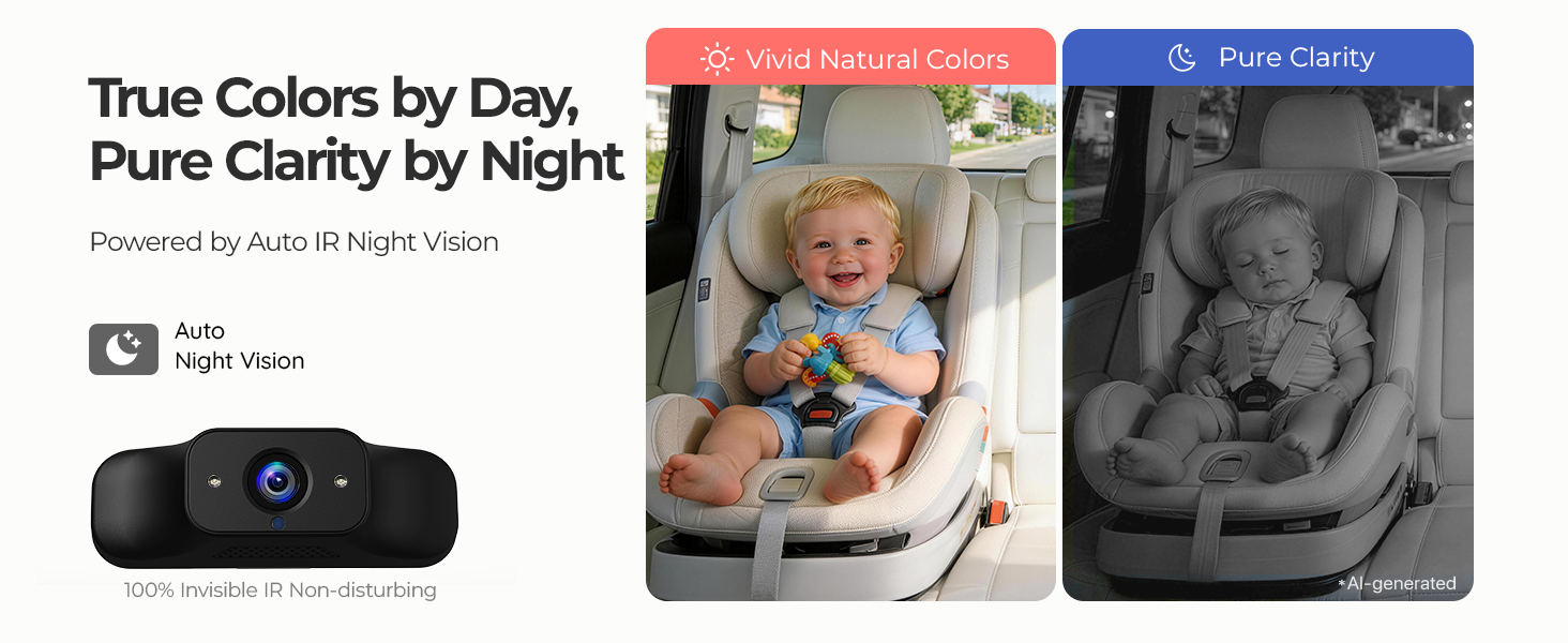 Car camera for baby with IR night vision for clear monitoring in darkness