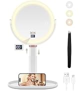 MIYADIVA Makeup Mirror with Lights, 30X/1X Magnifying Mirror with Digital Display, Height Adjusta...