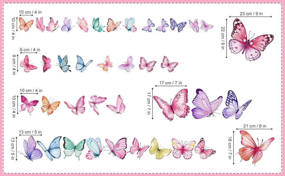 Collection of colorful butterfly illustrations arranged in rows with measurement annotations, showing various sizes and species in pink, purple, blue, and other colors.