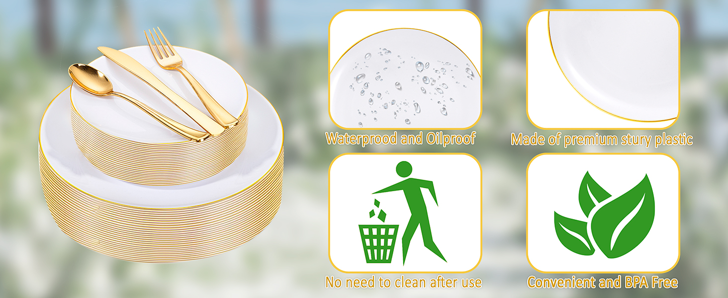 white and gold plastic plates