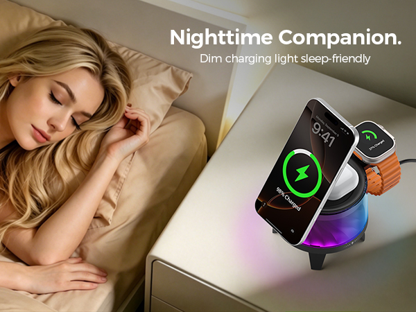 Sleep-friendly wireless charger with dim light, night companion for bedside multi-device charging