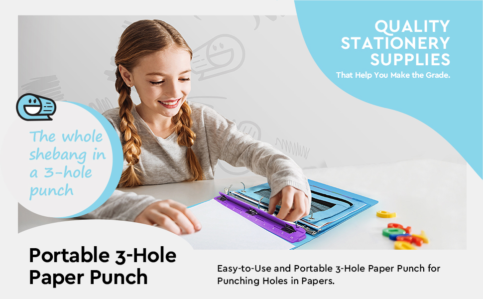 3-Hole Paper Punch Portable Hole Puncher for 3 Ring Binder