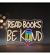 "Read Books Be Kind" Neon Sign - 16.5" x 10.4" LED Pencil Wall Decor, Inspirational Quote Light f...