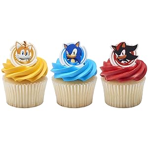 Sonic cupcake decorations on blue, yellow, and red cupcakes
