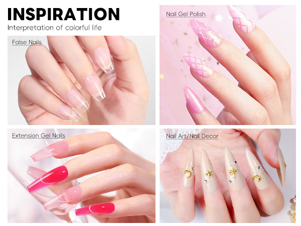 Text reads 'INSPIRATION' followed by a collection of nail art photos showing various manicured hands with different nail polish colors and designs.