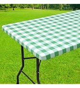 Smiry Rectangle Picnic Table Cloth, Elastic Waterproof Fitted Vinyl Tablecloth for 6 FT Tables, F...
