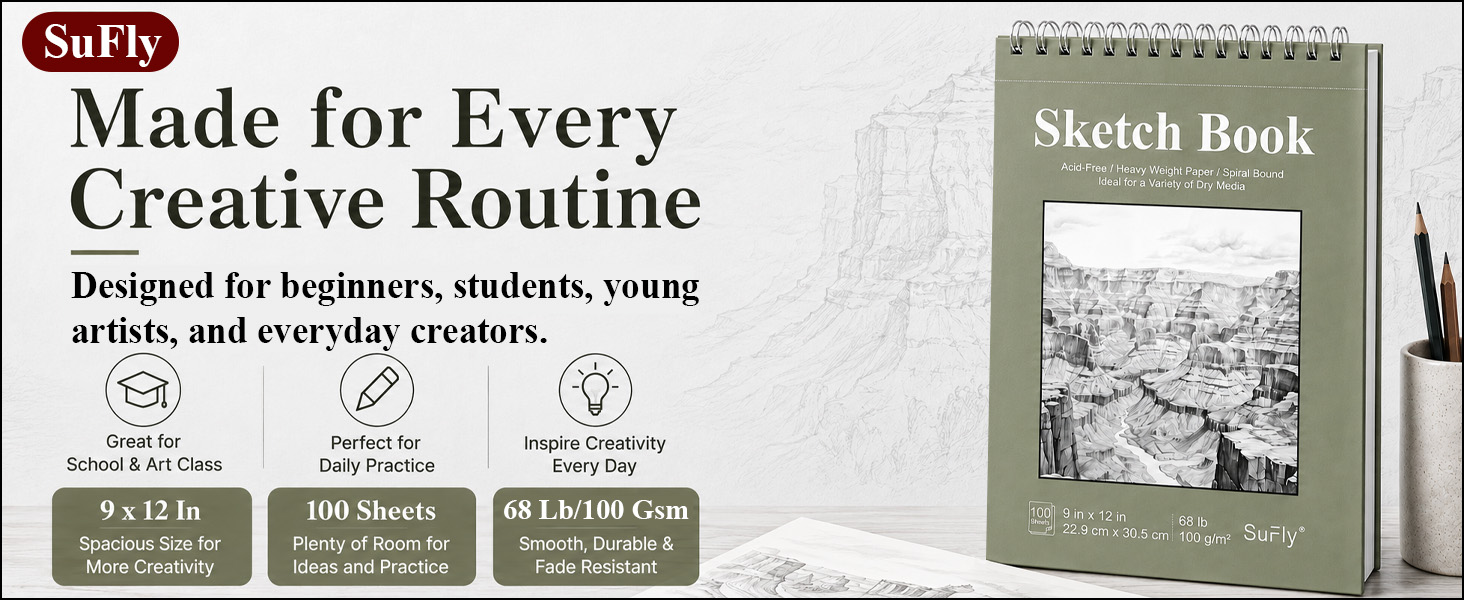 SuFly spiral sketch book for kids showing white paper, pencils, shading and art class work.