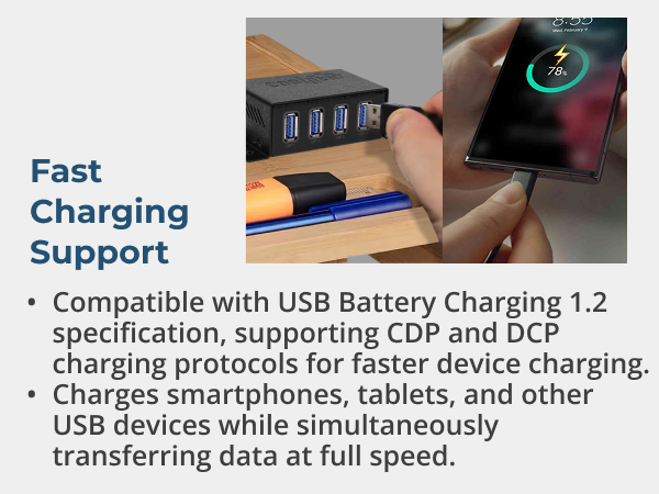 USB charging hub supporting fast charging and data transfer for phones and tablets