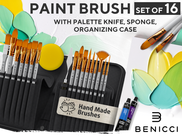Paint Brush Set of 16 - with palette knife, sponge, organizing case