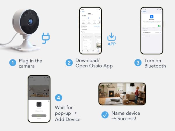 Camera setup guide: plug in, open app, pair Bluetooth, add, and name device