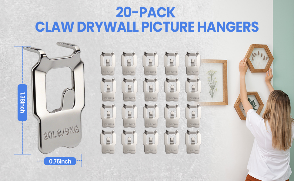 20Pcs claw drywall hangers dimensions, sawtooth wire d-ring compatible hardware, gypsum stucco hook