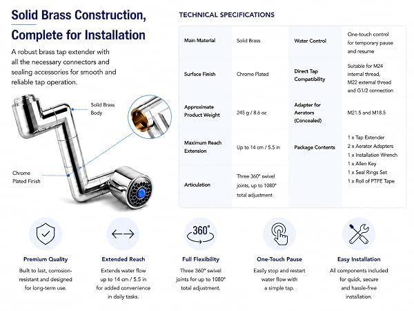Text reads 'Solid Brass Construction, Complete for installation' with product specifications table. Metal valve with blue indicator, installation details, and five feature icons below showing premium quality, extended reach, fast performance, durability, and professional applications.
