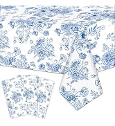 3 Pieces 54x108 Inch Blue White Floral Rectangle Plastic Tablecloth, Disposable Elegant Flower De...