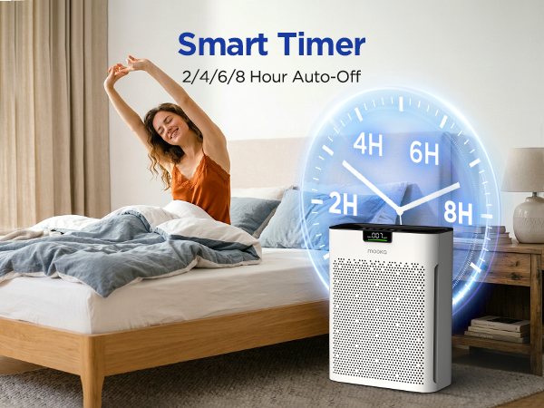 Smart timer air purifier supports 2 4 6 8H auto off, keeps bedroom fresh and saves energy all night