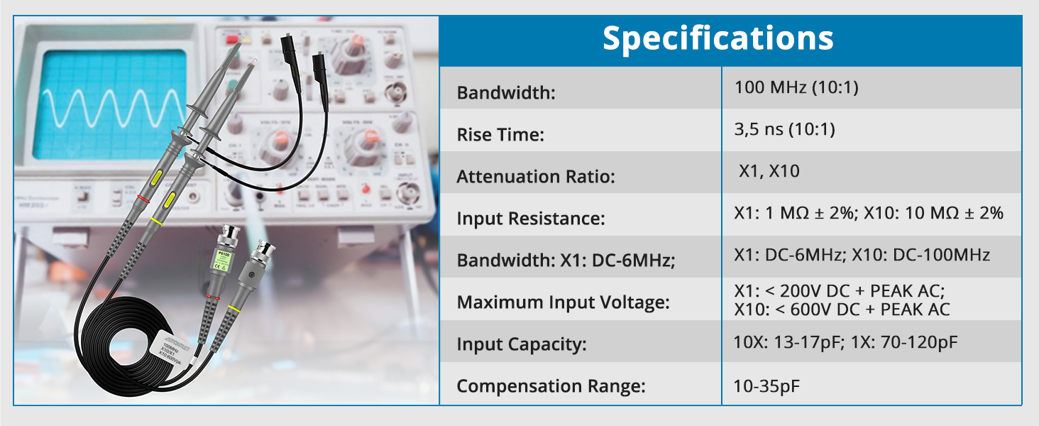 Universal Oscilloscope Probes 10:1 and 1:1 Switchable Bandwidth 100MHz