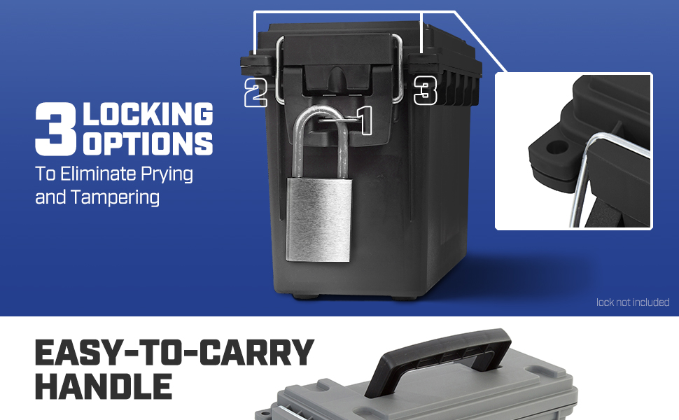 3 Locking options to eliminate prying and tampering. Easy to carry handle