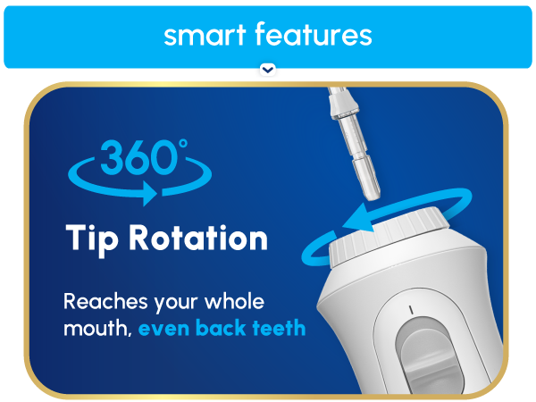 Image of Waterpik flossing tip and text reading 360 degree tip rotation reaches your whole mouth