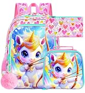 ZLYERT 3Pcs Unicorn Backpack for Girls, 16" Cupid School Backpacks with Lunch Box, Kids Bookbag f...