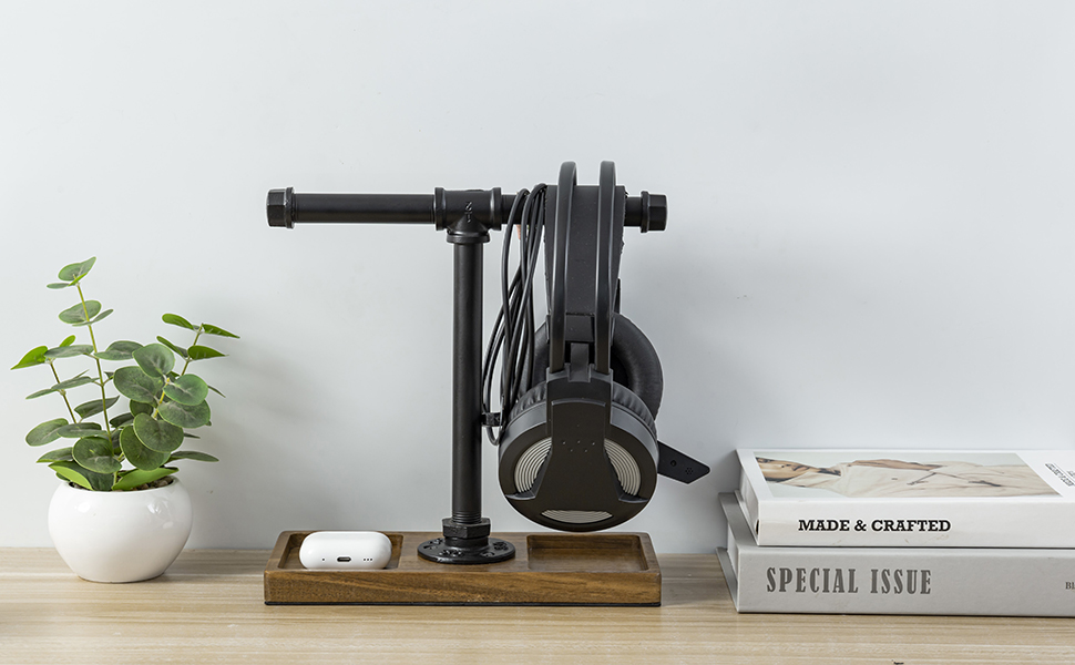 tabletop T-Bar Over Ear Headphones Holder with Accessories Tray