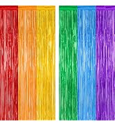 2 Pack Rainbow Backdrop Curtains, 3.28 FT x 7.05 FT Colofull Party Decorations, Metallic Tinsel B...