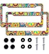 2PCS Floral Geometric Patterns License Plate Frames, 2 Holes License Plate Holder Funny Aluminum ...