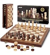 2 in 1 Magnetic Chess Set & Checkers Board Game, 15" Wooden Folding Chess Board with 2 Extra Quee...