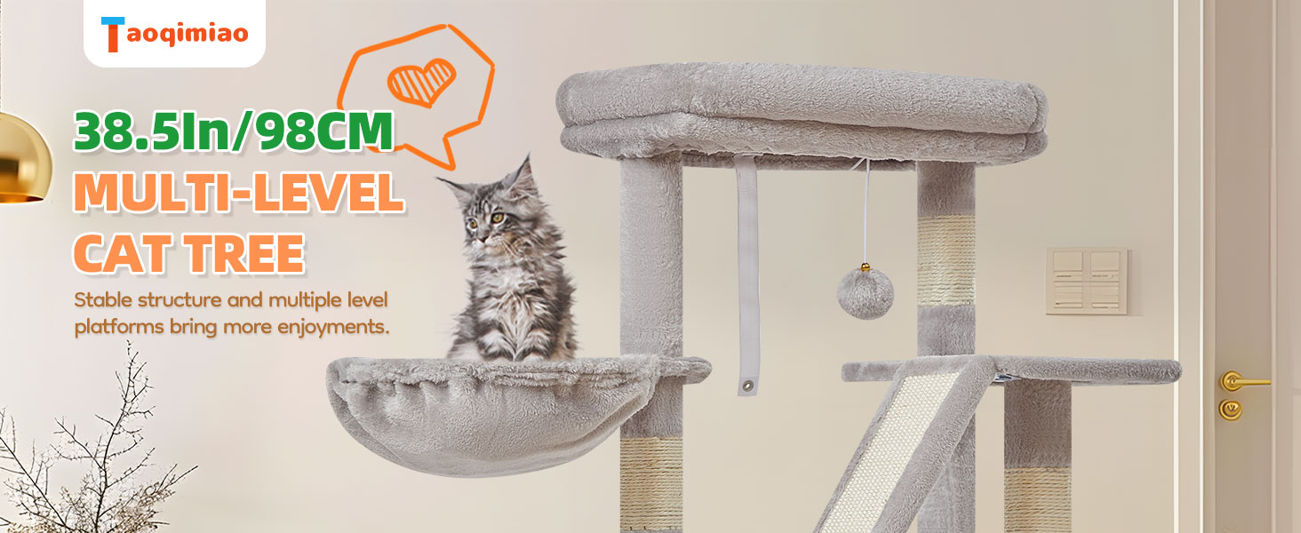 Text reads 'MULTI-LEVEL CAT TREE' and '38.5in/98CM'. Product images showing gray cat tree with multiple platforms, hammock, and scratching posts. Features plush cushioned surfaces and sisal-wrapped posts.