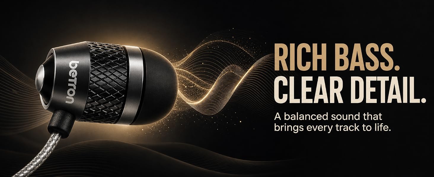 Betron earbud emitting golden sound waves on a dark background