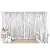 FIESTA CART 2 Pack Silver Metallic Foil Fringe Curtain Backdrop Streamers 3.2ft x 6.4ft. Party De...