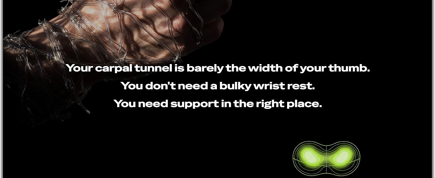 Anatomical illustration of the carpal tunnel showing its small size and proper wrist support.