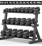 pairs of dumbbells (5, 10, 15, 20, 25, 30, 35, 40, 45, 50 lbs) with rack