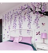 Lilacanthara Large Cherry Blossom Tree Wall Stickers,4 Sheets Spring Purple Flower Bird Wall Deca...