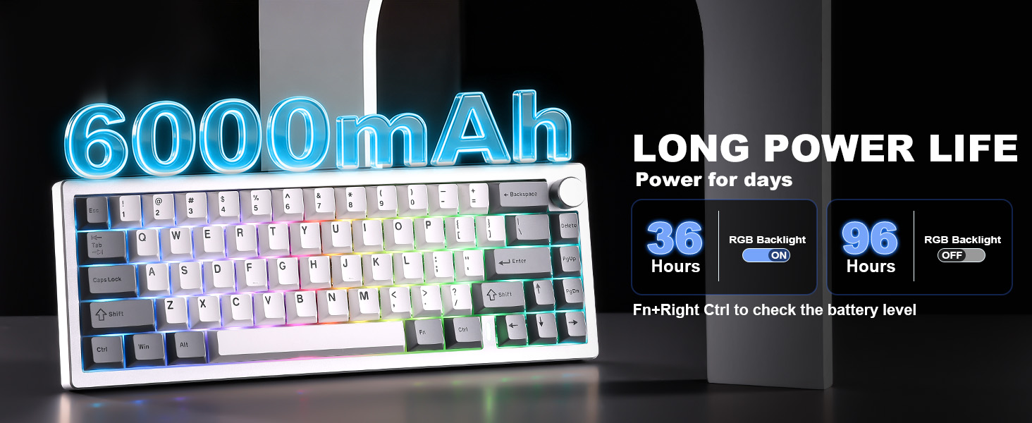 Text reads '6000mAh LONG POWER LIFE'. Gaming keyboard with RGB backlit keys. Additional specifications show '38' and '99' with icons.