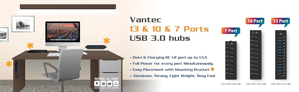 10-Port, 7-Port, USB 3.0, Aluminum, Hub, Data, Charging, BC 1.2, 1.5A, mount, wall, desk, DIN, UASP